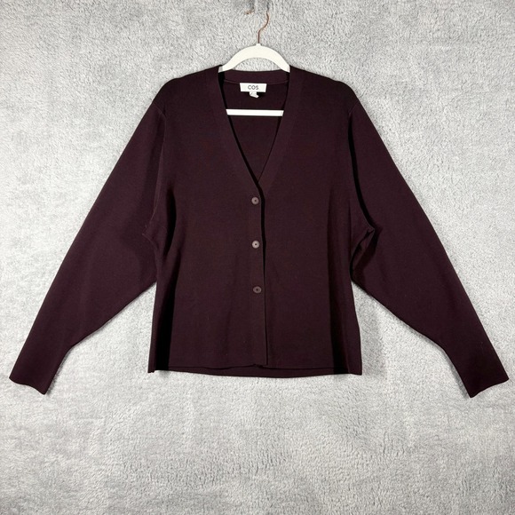 COS Waisted Wool V Neck Cardigan Size M Bordeaux Purple Red Balloon Sleeve Cinch - Picture 2 of 8